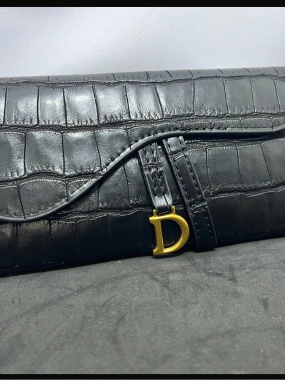 Designer Inspired Black Croc-Embossed Leather Wallet with Gold 'D' Charm